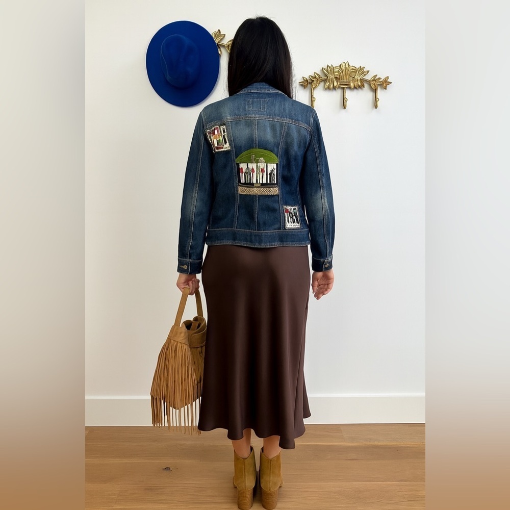 Upcycled chic denim jacket S ptp 19.5”